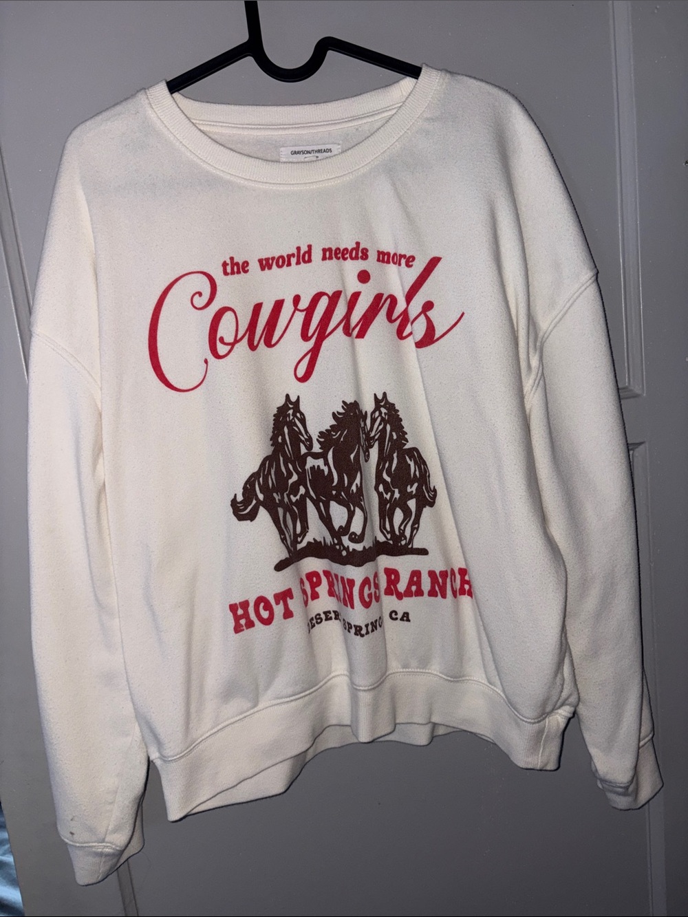 Grayson Threads Cream Sweatshirt with Red Script & Brown Horse Print